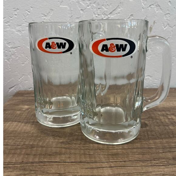 A&W Root Beer Glass Mugs Set of 2 Heavy Clear 6.5” Vintage Style - Picture 1 of 5